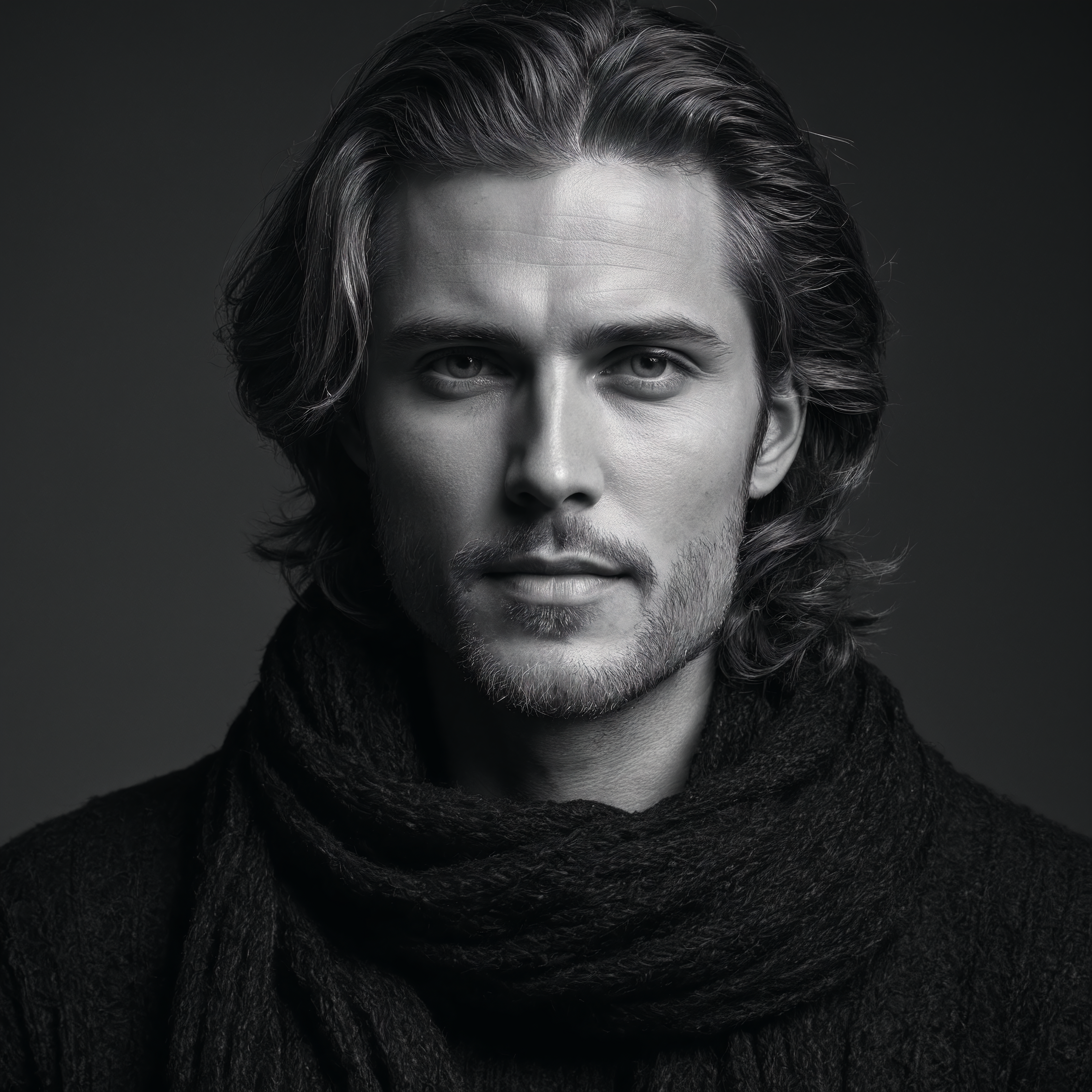 photoshoot, photo studio, RAW photo, editorial photograph, film stock photograph, cinematic, posing, a upper body black and white portrait of a man in a black sweater and scarf black posing for a picture, masculinity, rugged features, messy long hair, mert and marcus, angular face, eric winter, tight around neck, simple black background, man in black, inspired by Jemima Blackburn, age 58, (low contrast:1.4) flash-photography, (flim grain:1.6), dark atmosphere, ((focused on eyes)), feminine expressions, photography, 35mm, Nikon D850 film stock photograph, Kodak Portra 400 camera f1.6 lens, 8k, UHD