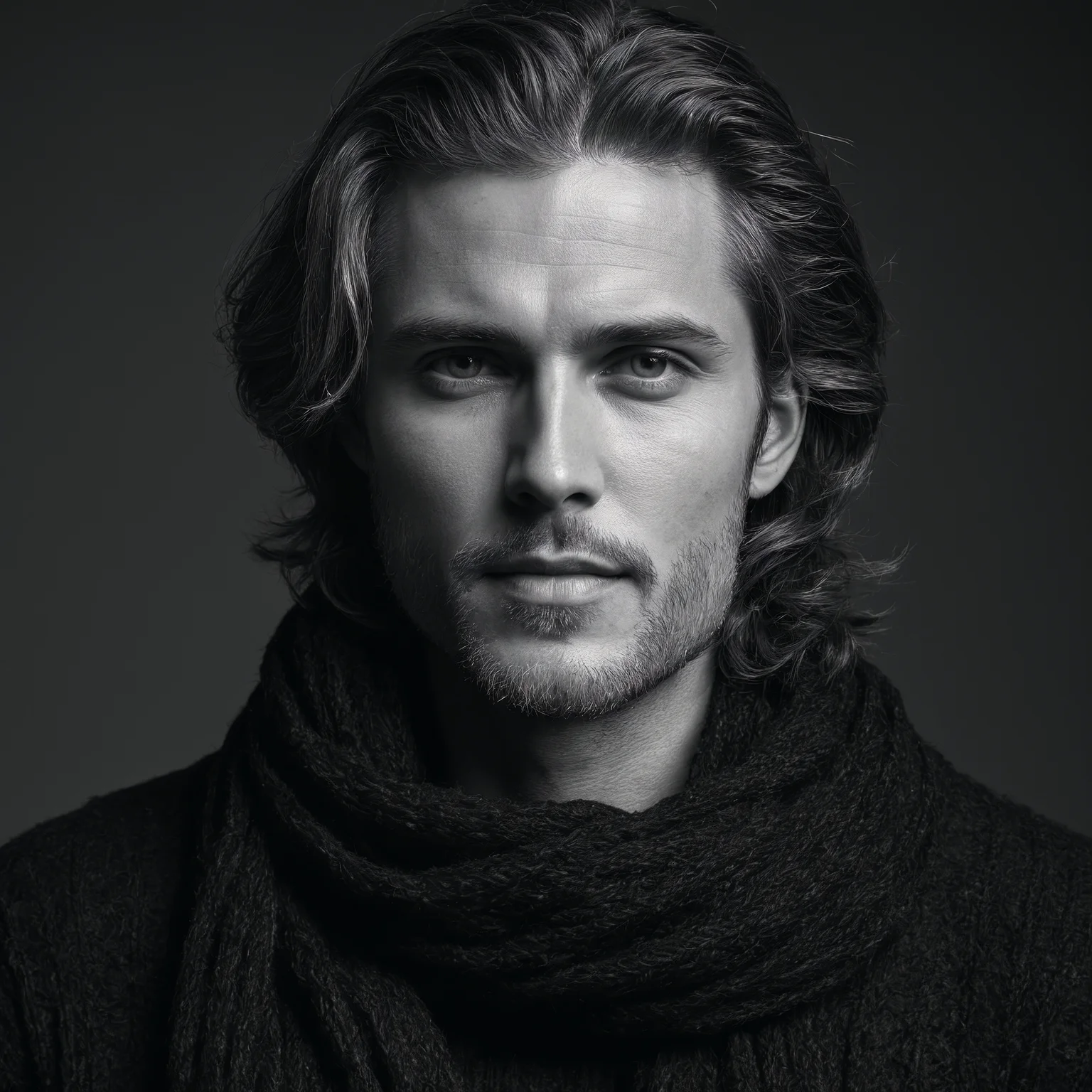 photoshoot, photo studio, RAW photo, editorial photograph, film stock photograph, cinematic, posing, a upper body black and white portrait of a man in a black sweater and scarf black posing for a picture, masculinity, rugged features, messy long hair, mert and marcus, angular face, eric winter, tight around neck, simple black background, man in black, inspired by Jemima Blackburn, age 58, (low contrast:1.4) flash-photography, (flim grain:1.6), dark atmosphere, ((focused on eyes)), feminine expressions, photography, 35mm, Nikon D850 film stock photograph, Kodak Portra 400 camera f1.6 lens, 8k, UHD