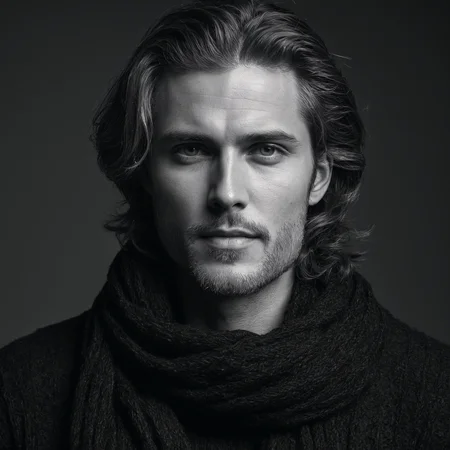 photoshoot, photo studio, RAW photo, editorial photograph, film stock photograph, cinematic, posing, a upper body black and white portrait of a man in a black sweater and scarf black posing for a picture, masculinity, rugged features, messy long hair, mert and marcus, angular face, eric winter, tight around neck, simple black background, man in black, inspired by Jemima Blackburn, age 58, (low contrast:1.4) flash-photography, (flim grain:1.6), dark atmosphere, ((focused on eyes)), feminine expressions, photography, 35mm, Nikon D850 film stock photograph, Kodak Portra 400 camera f1.6 lens, 8k, UHD