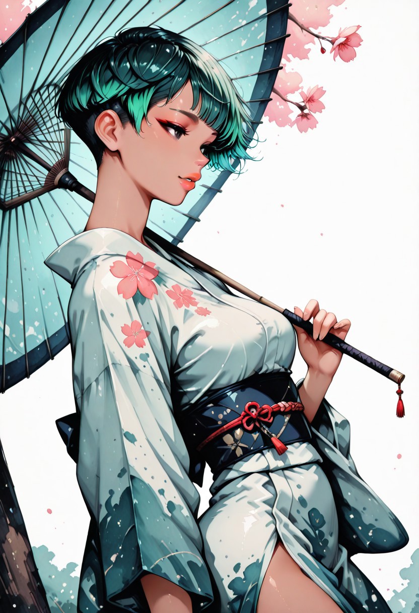 masterpiece, best quality, 32k, high resolution, absurdres, watercolor, PollyStyleMix, Shizue, ShizueRH, Asian girl, 1girl, short hair, pixie cut, green hair, blue gradient hair, Asian eyes, dark grey eyes, medium breasts, slim, tanned skin, beautiful lips, HD32k, posing, aesthetic, sexy look, aiaurorakimono, yukata, Japanese clothing, cherry blossom, outdoors, beautiful, parted lips, holding japanese umbrella, side view, cowboy shot, dutch angle, windy