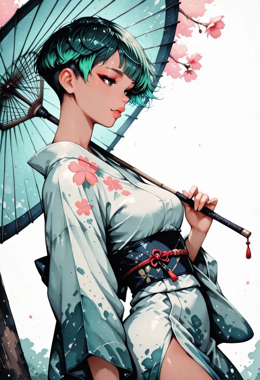 masterpiece, best quality, 32k, high resolution, absurdres, watercolor, PollyStyleMix, Shizue, ShizueRH, Asian girl, 1girl, short hair, pixie cut, green hair, blue gradient hair, Asian eyes, dark grey eyes, medium breasts, slim, tanned skin, beautiful lips, HD32k, posing, aesthetic, sexy look, aiaurorakimono, yukata, Japanese clothing, cherry blossom, outdoors, beautiful, parted lips, holding japanese umbrella, side view, cowboy shot, dutch angle, windy