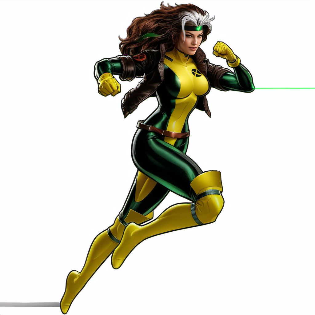 Rogue1024, a woman, full body, fighting poses,  wears a yellow and green superhero suit and a jacket, cyberpunk city background, highly detailed,  photography, ultra sharp, film, professional, 64k  <lora:add-detail-xl:1.5> <lora:Rogue1024:0.8>