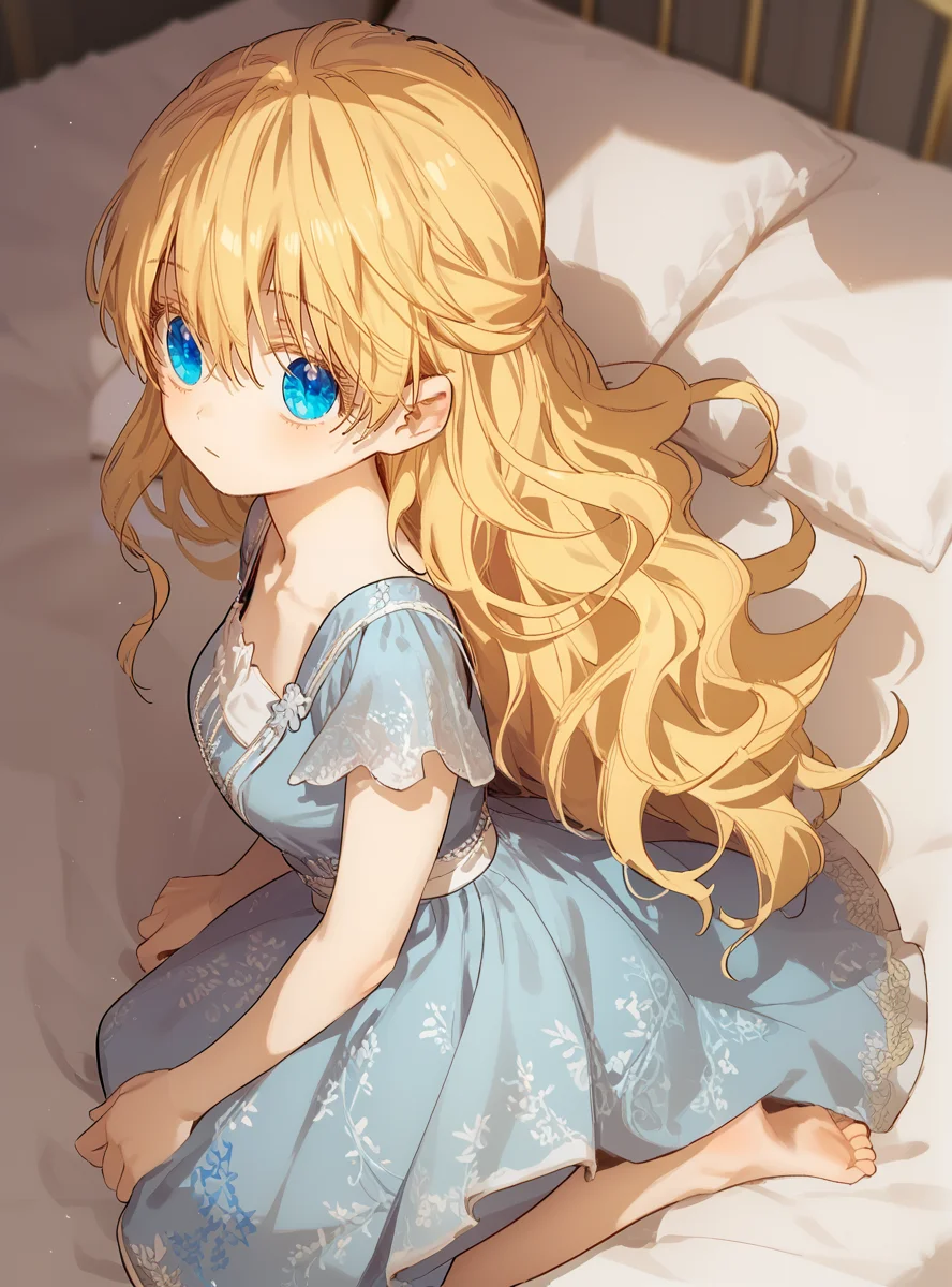 score_9_up, score_8_up, score_7_up, (Anime_source), 1girl, suprised, kneeling on bed, looking at viewer, from side, from above, <lora:Athanasia_-_Who_Made_Me_a_Princess_-_PONY-Kaleid:1> athanasia, 1girl, blue eyes, long hair, blonde hair, hair between eyes, bangs, medium breasts, dress