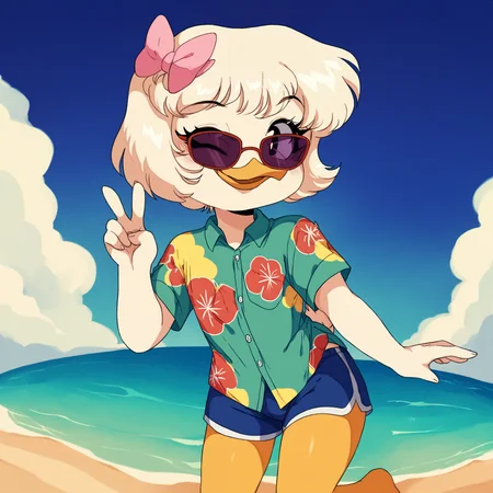 score_9, score_8_up, score_7_up, score_6_up, best quality, highres, source_furry, BREAK
vum, BREAK
1girl, solo, furry, beach, female, duck, beak, webby vanderquack, young, white skin, standing, on one leg, v_sign, wink white hair, black eyes, hair_bow, short hair, dutch angle, looking at viewer, orange legs, sunglasses, hawaiian shirt, swimming trunks <lora:Webby_Vanderquack:1>