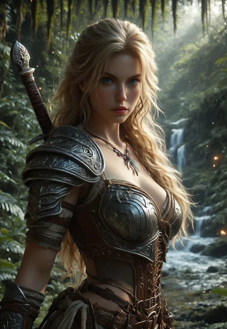 score_7_up, rating_safe, adult woman, amazonian warrior, blue eyes, very long blonde hair, long hair, muscular female, curvy, ((full clothed tribal armor)), gloves, battle stance, holding weapon, knife, jungle, night, outdoors, solo, dramatic lighting, fantasy, detailed realistic photo,
Background: A dense, lush jungle at night, with towering trees and thick undergrowth. Moonlight filters through the canopy, casting dappled shadows and highlighting the dense foliage. The air is humid and filled with the sounds of nocturnal creatures. In the distance, the faint glow of bioluminescent plants adds a mystical touch to the scene.
Additional Details: The warrior's tribal armor is intricately designed with natural materials like leather, bones, and feathers, blending seamlessly with the jungle environment. Her gloves are made of tough, flexible material, perfect for gripping her knife. Her battle stance is confident and powerful, ready for any challenge. Her blue eyes gleam with determination, and her very long blonde hair cascades down her back, catching the moonlight. The dramatic lighting emphasizes her muscular and curvy physique, creating a striking and realistic portrait.
(european beauty girl, upper body)
(((((upper body))))), dynamic pose
<lora:Dynamic Poses:1>
<lora:detailed_notrigger:1>