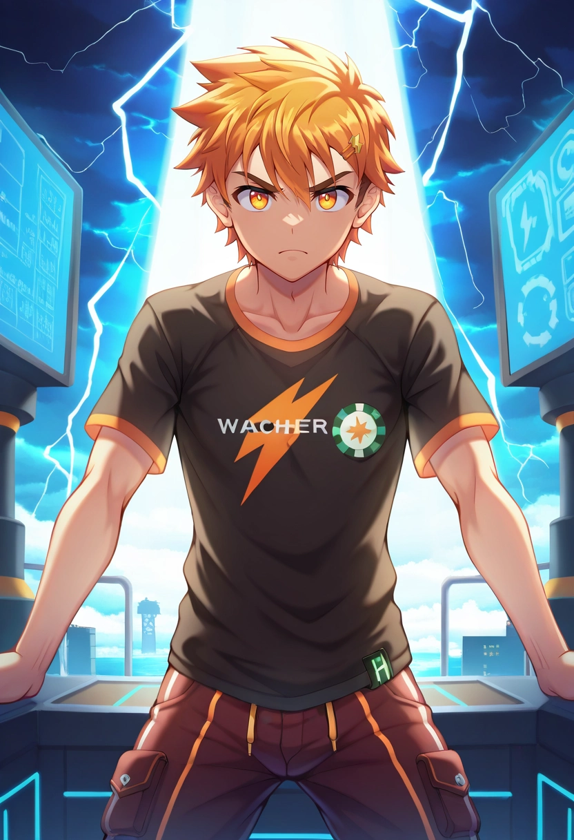 masterpiece, best quality, , , , , 1boy, solo, male focus, <lora:hiro_akiba_ilxl:0.92>, hiro_akiba, orange hair, orange eyes, short hair, , storm fortress, lightning rods, weather vanes, observation deck, watchful pose, serious expression, stormy lighting, PoppyRed Striped Tulle Seersucker pants, Pocket T-shirt, , , and