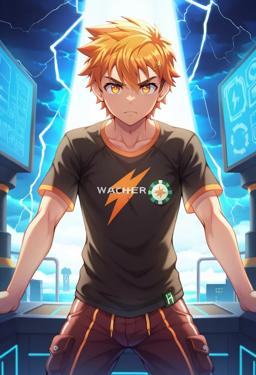 masterpiece, best quality, , , , , 1boy, solo, male focus, <lora:hiro_akiba_ilxl:0.92>, hiro_akiba, orange hair, orange eyes, short hair, , storm fortress, lightning rods, weather vanes, observation deck, watchful pose, serious expression, stormy lighting, PoppyRed Striped Tulle Seersucker pants, Pocket T-shirt, , , and