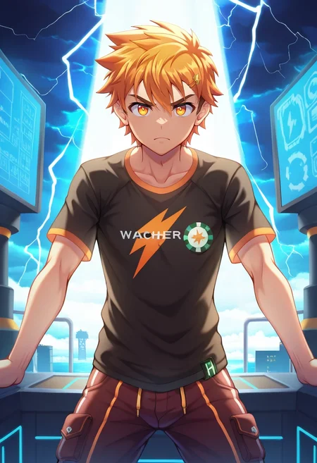 masterpiece, best quality, , , , , 1boy, solo, male focus, <lora:hiro_akiba_ilxl:0.92>, hiro_akiba, orange hair, orange eyes, short hair, , storm fortress, lightning rods, weather vanes, observation deck, watchful pose, serious expression, stormy lighting, PoppyRed Striped Tulle Seersucker pants, Pocket T-shirt, , , and
