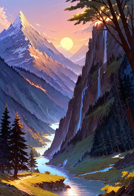 score_9, score_8_up, score_7_up, masterpiece, landscape, trees, sun, forest, mountains, river, epiCPhoto