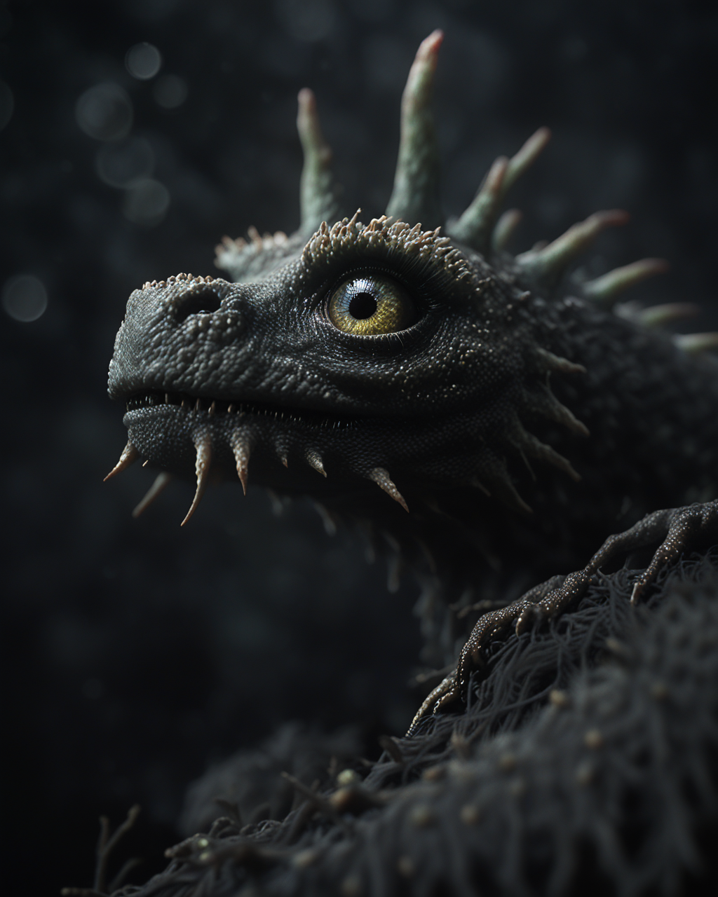 <greenmageddonPONY>, monster dragon, gothic dark creature, sad and scary, aesthetic bokeh, dark gray background, fresnel, backlight, score_9, close up,