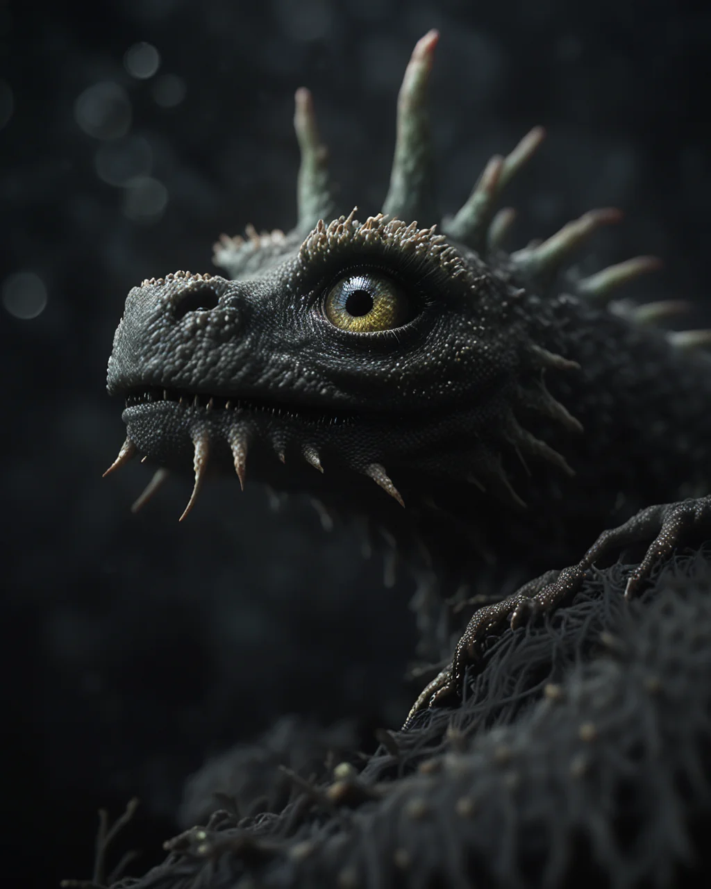 <greenmageddonPONY>, monster dragon, gothic dark creature, sad and scary, aesthetic bokeh, dark gray background, fresnel, backlight, score_9, close up,