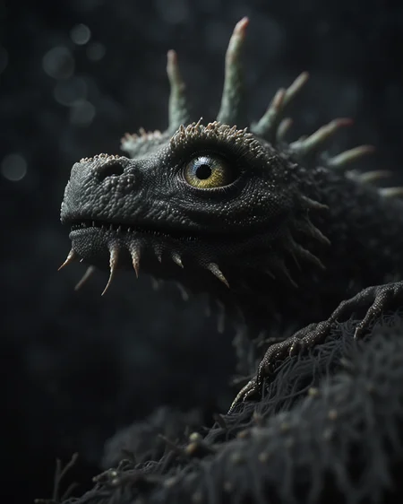 <greenmageddonPONY>, monster dragon, gothic dark creature, sad and scary, aesthetic bokeh, dark gray background, fresnel, backlight, score_9, close up,