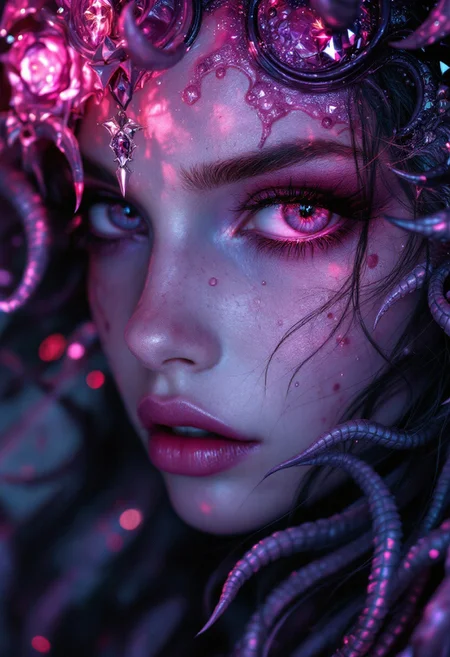 close up of a face, breathtaking Audrey Kawasaki style of  a beautiful female corrupted chaos (slaanesh daemonette:1.2), (close up:1.2),dark allure,  ,pink and purple themes,
highly detailed dreamy background
detailed skin texture, subsurface scattering  award-winning, professional, highly detailed . dreamlike, mysterious, provocative, symbolic, intricate, detailed