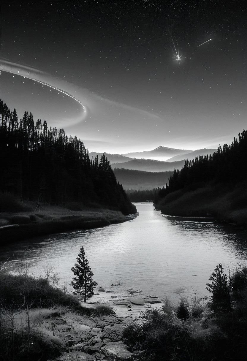 (real life,  score_7_up, score_8_up, score_9_up, detailed beautiful landscape, bloom, volumetric lighting,  grayscale, no colors, forest, winter, valley, big mountain, clear sky, shooting stars, stars, focus on sky, night, silhouette, river, depth of field,