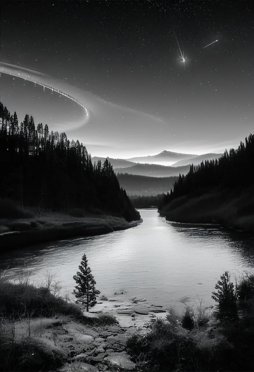 (real life,  score_7_up, score_8_up, score_9_up, detailed beautiful landscape, bloom, volumetric lighting,  grayscale, no colors, forest, winter, valley, big mountain, clear sky, shooting stars, stars, focus on sky, night, silhouette, river, depth of field,