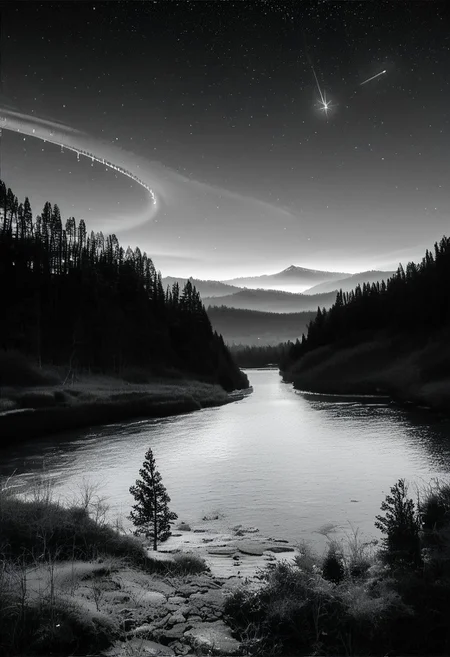 (real life,  score_7_up, score_8_up, score_9_up, detailed beautiful landscape, bloom, volumetric lighting,  grayscale, no colors, forest, winter, valley, big mountain, clear sky, shooting stars, stars, focus on sky, night, silhouette, river, depth of field,