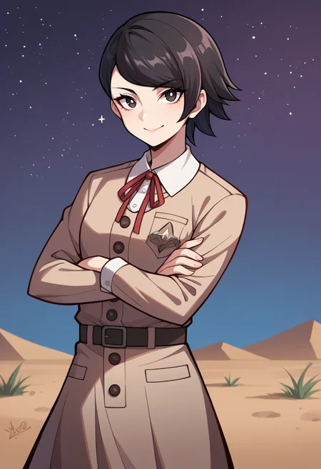 score_9, score_8_up, score_7_up, source_anime BREAK 1girl, solo,  <lora:zs_YokoXL:1> yokosmtvv, short hair, black hair, swept bangs, brown uniform, neck ribbon, skirt, black pantyhose, desert, night, stars, looking at viewer, smile, assertive female, confident, cowboy shot, crossed arms