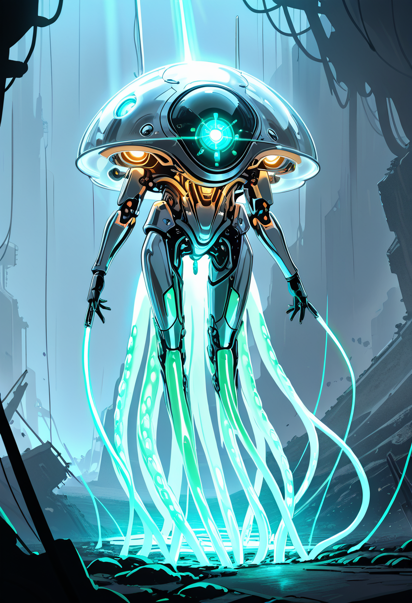 masterpiece, best quality, no humans,   ,<lora:TechJelly_IXL:0.7>,  TechJelly, glowing green eyes, metallic body, chrome surface, hovering tentacles, laser cannons, futuristic battlefield, high-tech ruins, battle stance, dynamic perspective, harsh lighting, tense atmosphere â Amidst the crumbled remnants of a futuristic battlefield, TechJelly hovers, its glowing green eyes scanning the horizon. The chrome surface of its mechanical body reflects the destruction around it, while hovering tentacles equipped with retractable laser cannons shimmer in the dim light. The harsh rays of a setting sun cast long shadows over the high-tech ruins, highlighting the creatureâs battle-ready stance. Every movement exudes a sense of cold, calculated precision, a perfect blend of machine and nature. The air is thick with tension, as if a storm is about to break, and TechJelly stands ready to strike.
