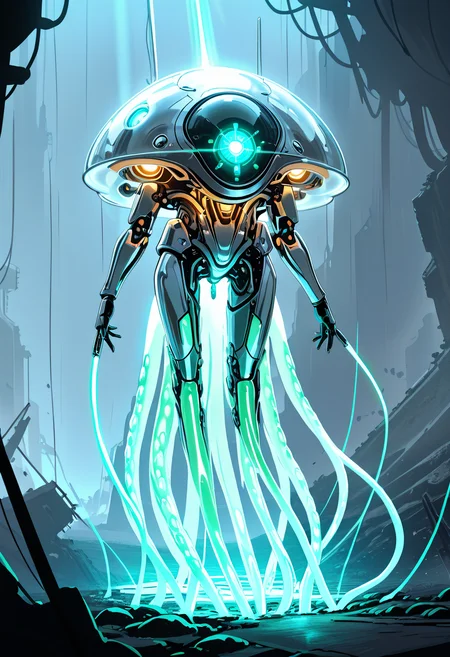 masterpiece, best quality, no humans,   ,<lora:TechJelly_IXL:0.7>,  TechJelly, glowing green eyes, metallic body, chrome surface, hovering tentacles, laser cannons, futuristic battlefield, high-tech ruins, battle stance, dynamic perspective, harsh lighting, tense atmosphere â Amidst the crumbled remnants of a futuristic battlefield, TechJelly hovers, its glowing green eyes scanning the horizon. The chrome surface of its mechanical body reflects the destruction around it, while hovering tentacles equipped with retractable laser cannons shimmer in the dim light. The harsh rays of a setting sun cast long shadows over the high-tech ruins, highlighting the creatureâs battle-ready stance. Every movement exudes a sense of cold, calculated precision, a perfect blend of machine and nature. The air is thick with tension, as if a storm is about to break, and TechJelly stands ready to strike.