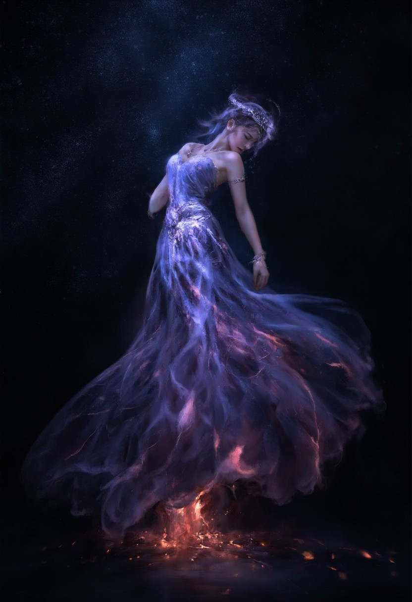 Against a backdrop of a dark, starry night, a mystical and ethereal figure of a woman emerges, captivating the gaze with her otherworldly presence. She appears to float gracefully, her elongated form poised with an almost regal elegance. One arm extends gently downward, while the other bends at the elbow, her hand resting delicately near her waist. Her hair flows freely, intertwining with the surrounding cosmos, creating a wispy, dreamlike aura that seems to blur the line between her and the stars. Illuminated by a soft, glowing light from within, her hair forms a halo around her head, enhancing her celestial allure.
Her gown, the most striking element, is a masterpiece of stardust and cosmic wonder. It cascades down in swirling patterns, a tapestry of the night sky filled with stars, nebulae, and galaxies. The semi-transparent fabric shimmers with deep blues, purples, and hints of pink and white, giving it a luminous, almost magical appearance. As the gown flows downward, it transitions into a fiery, glowing effect, with swirling embers and sparks that contrast vividly with the cooler tones above.
The predominantly black background, dotted with scattered stars, accentuates the celestial theme, making the woman appear as a goddess of the night sky. The entire composition exudes grace, mystery, and enchantment, drawing the viewer into a realm where the boundaries between the earthly and the divine blur, leaving one in awe of the ethereal beauty before them.