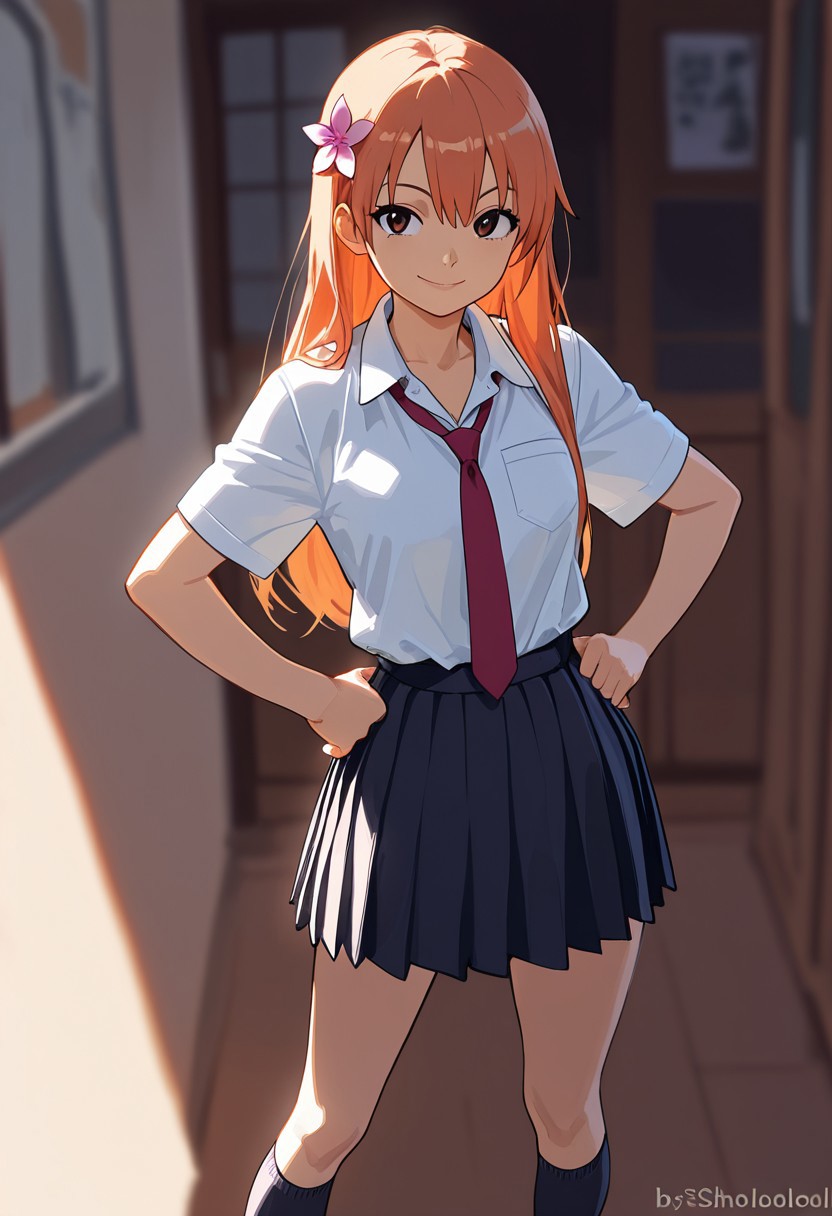 upper body , yukahana,hairflower,bezzschooloutfit,1girl
solo,skirt,necktie,school uniform,socks,long hair
smile,hands on hips,hair ornament,orange hair,pleated skirt,kneehighs
, impressionism 1.5, high detail, depth of field, blurred background, dramatic lighting,masterpiece, best quality, very aesthetic,8k,masterpiece, best quality