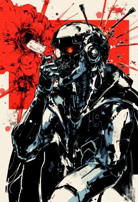<lora:Yoji_Shinkawa_Style_FLUX-000012:0.9>
This is a digital illustration in a manga-inspired, dark, and gritty yshinkawa style. The artwork features a robot getting drunk