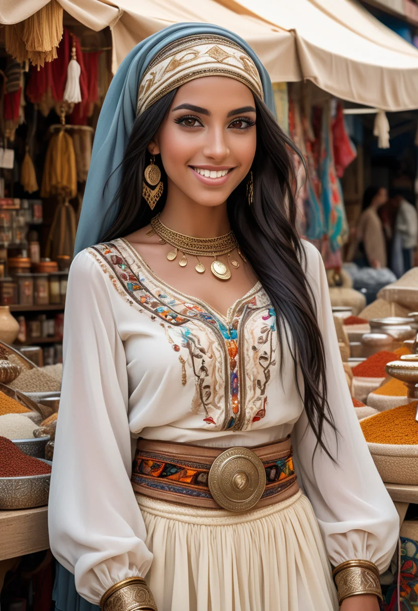 (medium full shot) of (supermodel arabian princess) young woman, willowy build, black hair, straight hair, brown eyes, tan skin, wearing a elaborate headscarf with intricate embroidery, ivory embroidered blouse with intricate details, flowing chiffon skirt with chic elements, platform heels with elegant accents, smoky eyeshadow, beaded sash with coin accents gold bangles, set in Oasis Marketplace, Vibrant market with colorful tents and stalls, exotic goods from distant lands, the cry of merchants and the chatter of bargaining, the scent of spices and incense, the promise of adventure and treasure , woman smiling, ,Masterpiece,best quality, raw photo, realistic, very aesthetic