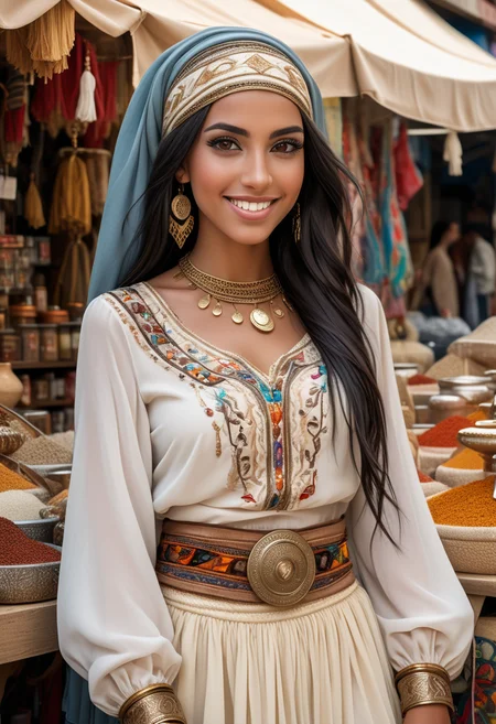 (medium full shot) of (supermodel arabian princess) young woman, willowy build, black hair, straight hair, brown eyes, tan skin, wearing a elaborate headscarf with intricate embroidery, ivory embroidered blouse with intricate details, flowing chiffon skirt with chic elements, platform heels with elegant accents, smoky eyeshadow, beaded sash with coin accents gold bangles, set in Oasis Marketplace, Vibrant market with colorful tents and stalls, exotic goods from distant lands, the cry of merchants and the chatter of bargaining, the scent of spices and incense, the promise of adventure and treasure , woman smiling, ,Masterpiece,best quality, raw photo, realistic, very aesthetic