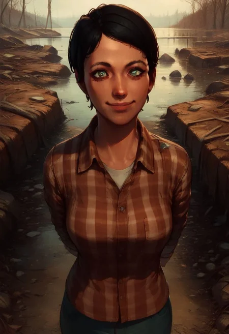 Score_9_up, score_8_up, score_7_up, 1girl, curie, black hair, green eyes, plaid shirt, hands behind back, smiling, cute, rundown shack