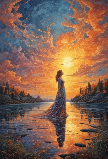 pastel colors, ah_signac, ral-lava, Arttrttrt, romantic art, low angle, This fantastical painting portrait of a teen girl by a tranquil lake at sunset with clouds across the sky. ((The teen girl's dress is like feathers of peacock with incredible detail, individual vibrant colors, glowing under sunlights.)) The setting sun bathes the scene in a warm golden light creating an ethereal atmosphere. The clouds in the background are depicted in a gradient of colors from soft yellow and oranges to deep blues and gold adding to the dreamlike quality of the scene.