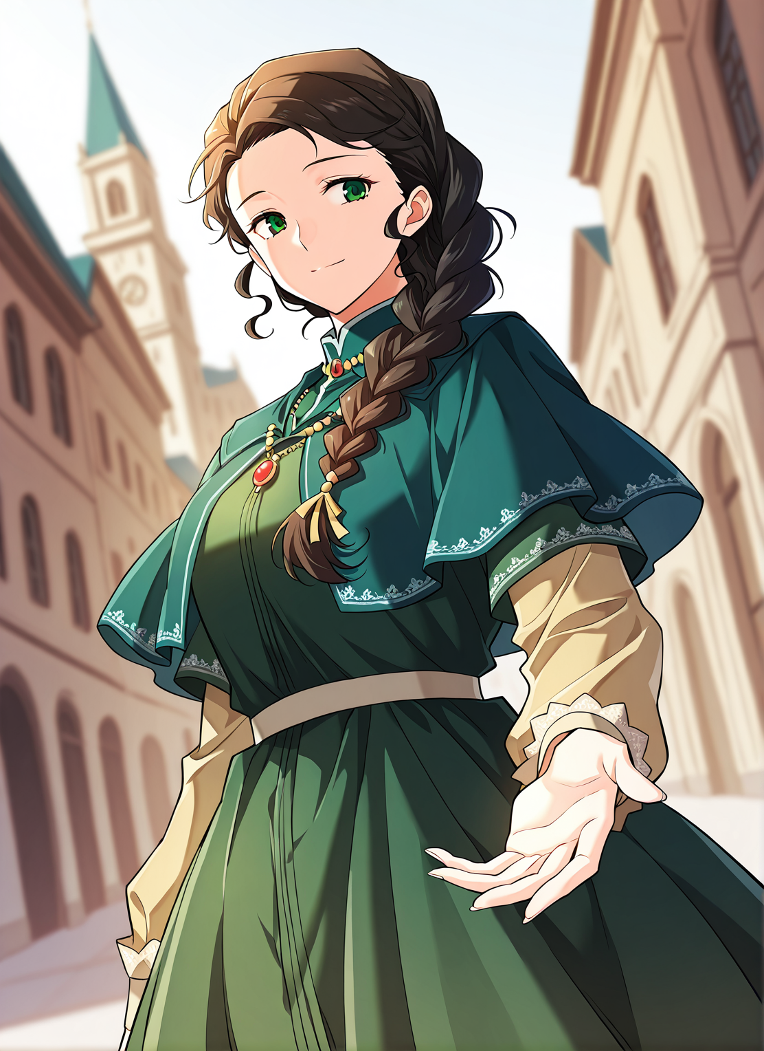 <lora:Silluria_Namaran__The_Greatest_Estate_Designer__Illustrious:1>
1 girl, solo, green eyes, brown hair, black hair, long hair, braid, single braid, braided ponytail, hair over shoulder
green dress, long sleeves, capelet, layered sleeves, short over long sleeves, necklace, jewelry, <lora:DetailedEyes_V3:1>
score_9, score_8_up, score_7_up, very aesthetic, source_anime, detailed, high quality, beautiful, masterpiece, detailed eyes, cityview, blurry background, pose dynamic angle, upper body, cowboy shot, light smile, looking back, reaching out, floating hair