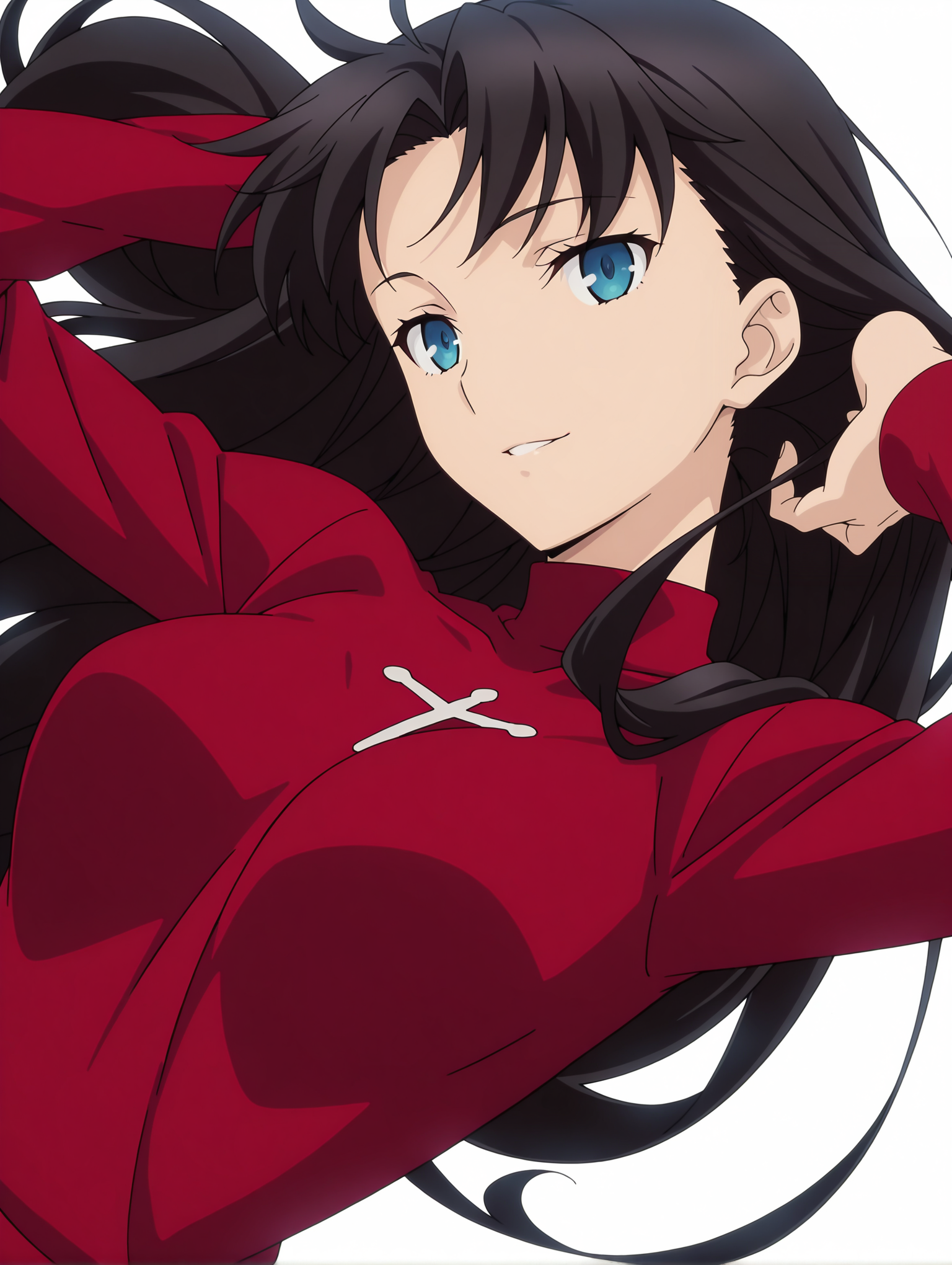 masterpiece,best quality,newest,1girl,solo,
anime screencap,<lora:T_Rin_ilxlv1.3:1>,t_rin,black hair,blue eyes,r_clothes,turtleneck,long sleeves,red shirt,<lora:Fixhands_anime_bdsqlsz_V1:1>,dynamic_angle,cinematic_angle,seductive_smile,white background,simple_background,hand_in_hair,upper_body,hair down,