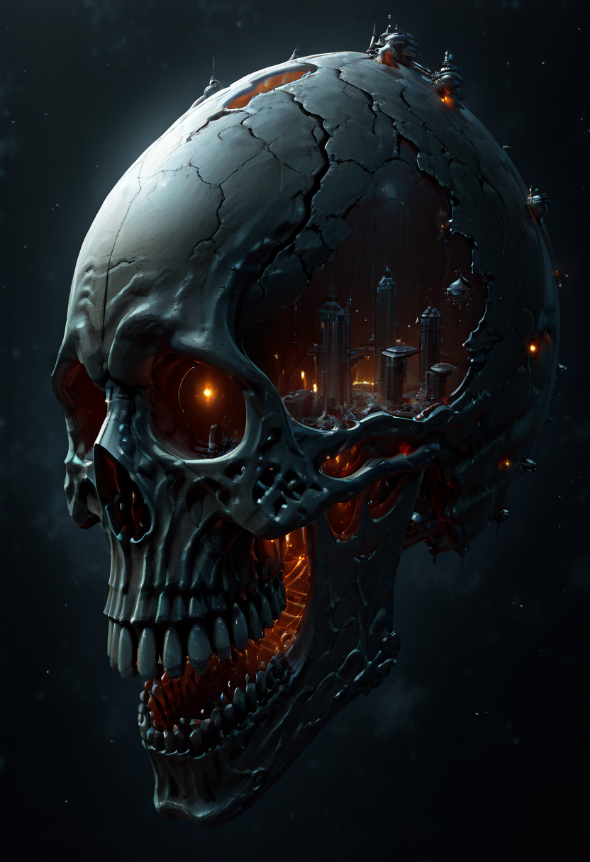 masterpiece, best quality, no humans,   ,<lora:SkullWorld_IXL:1.0>,  zzSkullWorld, a massive, ominous skull-shaped space port orbiting a distant star, with glowing eyes that flicker like beacons in the dark. The colossal skull looms over a thriving colony planet, its hollowed-out sockets serving as docking bays for ships. The planetâs surface, visible in the distance, is dotted with glowing city lights. A swarm of spacecraft buzzes around the skull, some entering its massive mouth while others drift in the shadow of its skull-shaped exterior. The vastness of space stretches out in all directions, stars twinkling against the backdrop of deep black.