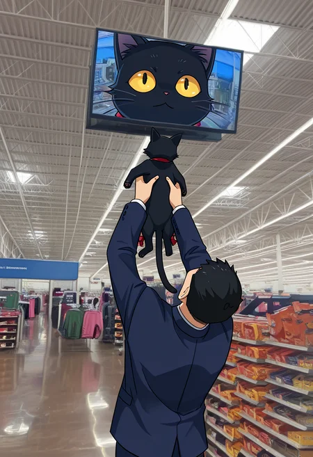 masterpiece, best quality, amazing quality, showing_baby_to_a_supermarket_camera_(meme), screen, television, lifting person, 1boy, 1other, black cat, looking up, <lora:showing_baby_to_a_supermarket_camera_meme:1>