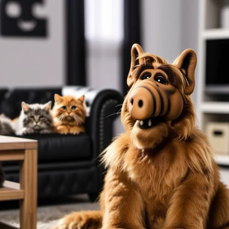 Alf1024, a furry with several cats, in a livingroom, detailed eyes, highly detailed, photography, ultra sharp, film, bokeh, professional, 4k <lora:add-detail-xl:1.5> <lora:Alf1024:0.7>
