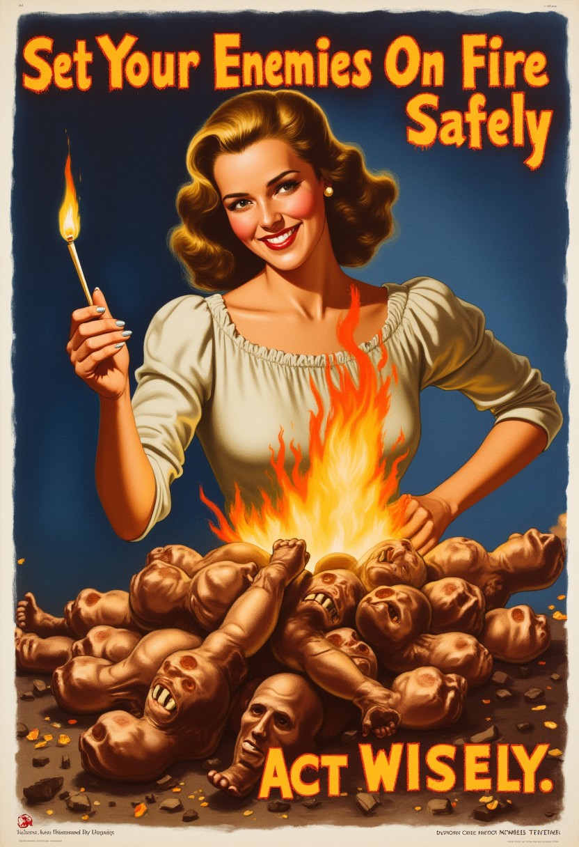 In REME's War Poster Style. a pretty woman with a lit match smiles at the viewer. she is setting fire to a heap of human bodies with arms and legs sticking out of it at awkward angles. title reads "SET YOUR ENEMIES ON FIRE SAFELY" and "ACT WISELY". high detail.