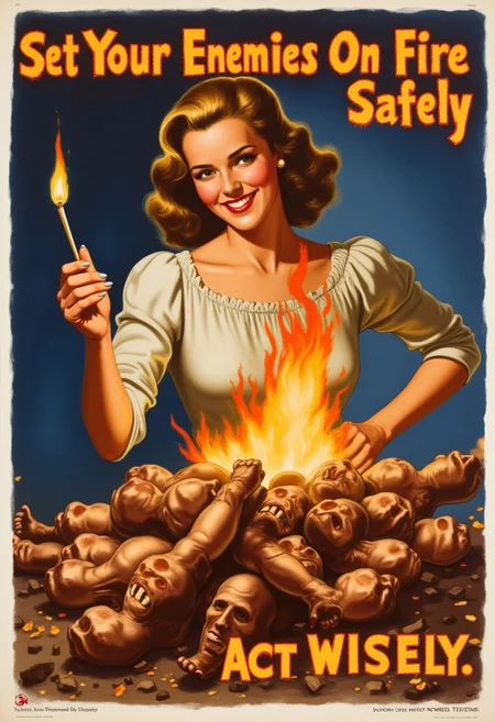 In REME's War Poster Style. a pretty woman with a lit match smiles at the viewer. she is setting fire to a heap of human bodies with arms and legs sticking out of it at awkward angles. title reads "SET YOUR ENEMIES ON FIRE SAFELY" and "ACT WISELY". high detail.