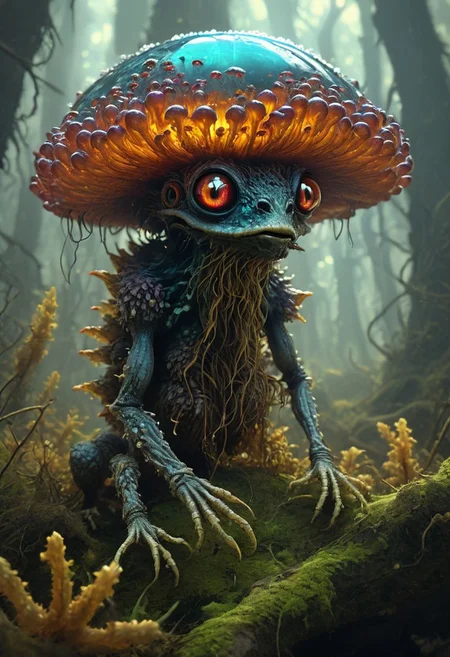 <lora:TheWeirdies_epoch_10:0.78>
Perched atop a towering mushroom, the Spore Watcher surveys its domain with fungal tendrils twitching in anticipation. Its body is covered in a thick layer of mycelium, blending seamlessly with the surrounding fungal forest. The creature's spore-laden breath and luminescent eyes give it an eerie, otherworldly appearance, making it nearly indistinguishable from its surroundings.
in the style of the decaying empire of Würstreich, dark magic and grotesque creatures abound, inspired by Sean Aaberg's punk aesthetic, dark fantasy world combines grim landscapes with vibrant, exaggerated colorful art, heroes skirmish monstrous foes in a setting where rebellion, decay, and mysticism intertwine, crafting a unique, immersive vibe
<lora:add-detail-xl:1>