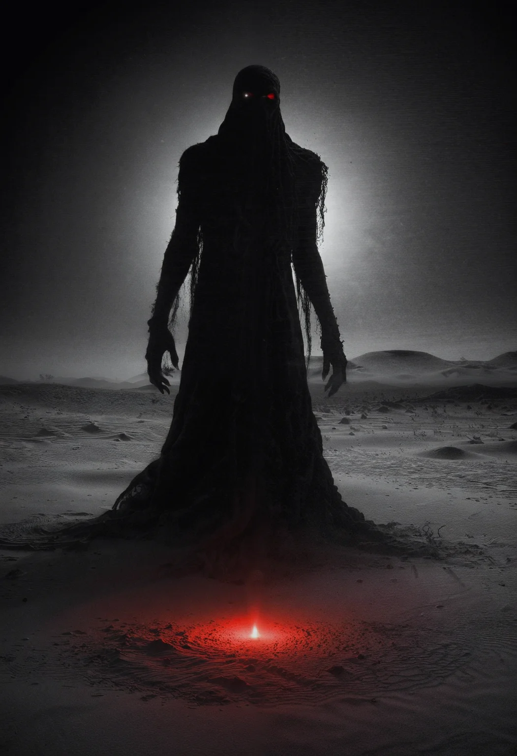 A lovecraftian fantasy image showcasing a colorful apparition in an otherworldly desertscape with sanguine shifting sands. With a mysterious glow enhancing the scary feeling. The image's style is gritty, featuring a dark background, monochromatic elements as well as dramatic silhouettes. The color concept is predominantly black and white monochrome, contrasted by blood-red accents.