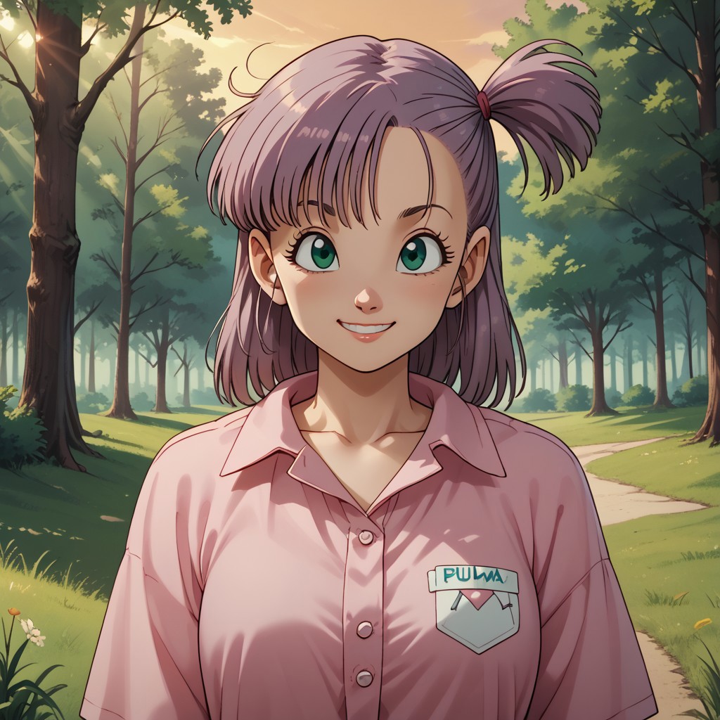 score_9, score_8, BREAK, solo, bulma, blue hair,green eyes one side up, cute girl, pink shirt,shirt, , collarbone, short sleeves, off shoulder, oversized shirt, naked shirt, oversized clothes, sexy pose, self portrait, smile, outdoors, sunlight, shadows, evening lighting, natural lighting, forest, trees, grass, orange sky, sunset