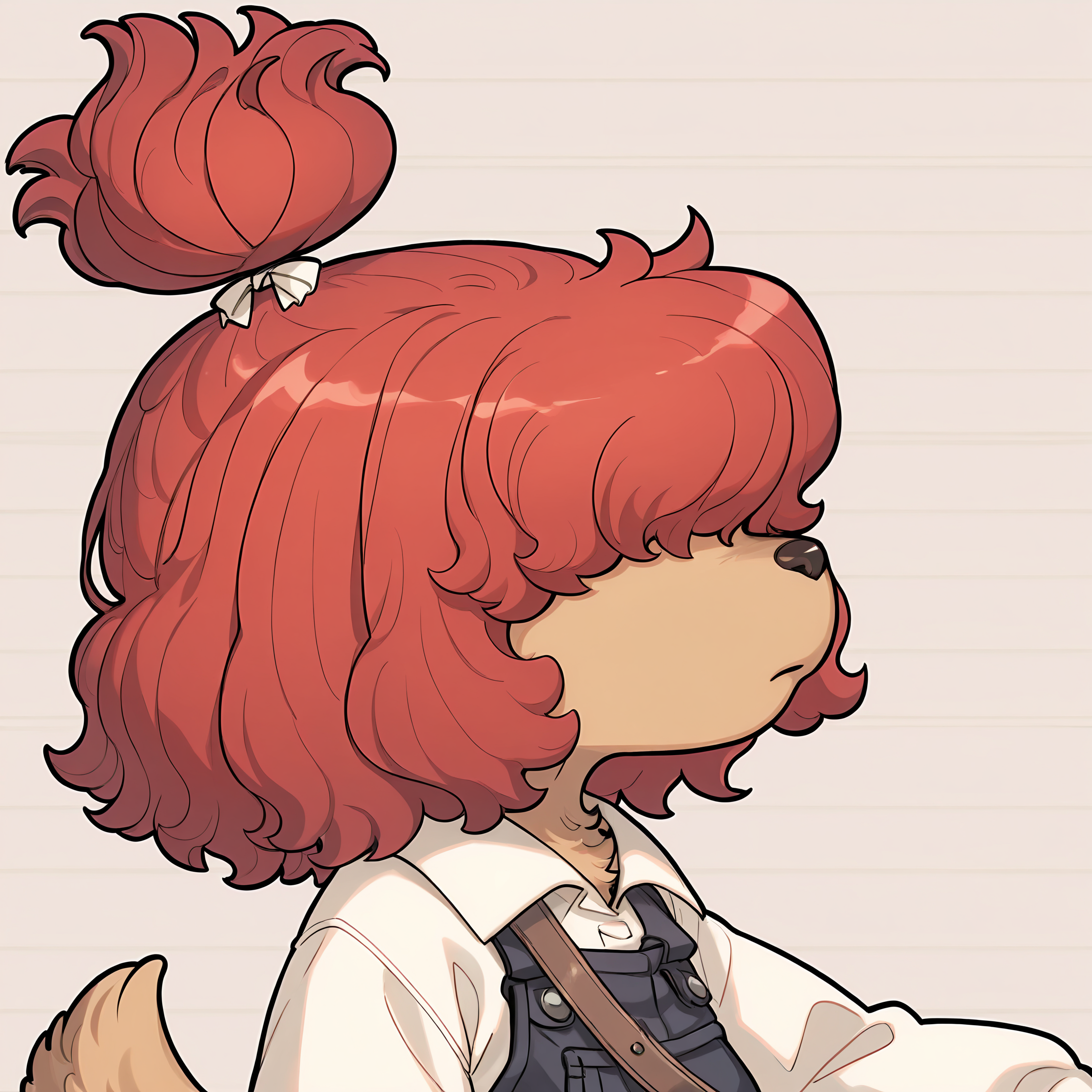 BREAK, <lora:Wappa_Charlotte:1>, Wappa Charlotte, Fuga: Melodies of Steel, kemono, furry female, young female, 1girl, dog girl, tan fur, hair over eyes, red hair, bangs, dog tail, Fuga 1 appearance, topknot, ponytail, hair bow,
BREAK, Fuga 1 Outfit, baggy overalls, white blouse, long sleeves, brown satchel, shoulder bag,
BREAK, (solo), face focus, close-up, looking away, side view