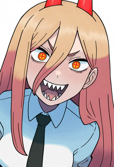 sugimori ken,
best quality, amazing quality, very aesthetic, absurdres,
1girl, power \(chainsaw man\), pink hair, blonde hair, red horns, red eyes, cross-shaped pupils, long hair, sharp teeth, hair between eyes, symbol-shaped pupils,
collared shirt, black necktie, long sleeves,
looking at viewer, white shirt, open mouth,
simple background, white background, smile, upper body <lora:KenSugimoriIllustriousLocon_byKonan:1>