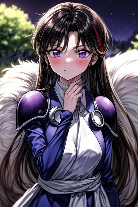 masterpiece, best quality 1girl Setsun4 solo long hair, (night time) forest background black hair very long hair purple eyes multicolored hair armor (fur trim) (medium body),<lora:EMS-179-EMS:0.800000>,<lora:EMS-293862-EMS:0.800000> bow, hair_bow, hair_tubes, red_bow, brown_hair, long_hair, bangs, ascot, frilled_bow, yellow_ascot, blush, smile, hair_between_eyes, athletic, armor, miko