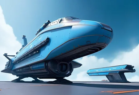sci-fi, Futuristic, aJed-Rst spaceport, tarmac, (Rusty spaceport buildings):1.3, (((beautiful, hyper realistic, high quality, highly detailed))), sleek blue neotech spacecraft (freighter),