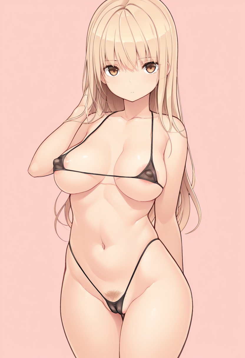 masterpiece, best quality,  
 <lora:Messhi_Style:1> M355h1, 1girl, solo,standing,looking at viewer,blonde hair, long hair, medium breasts, curvy,black bikini, micro bikini, highleg bikini,cameltoe, female pubic hair, covered nipples, areola slip,pink background, simple background,