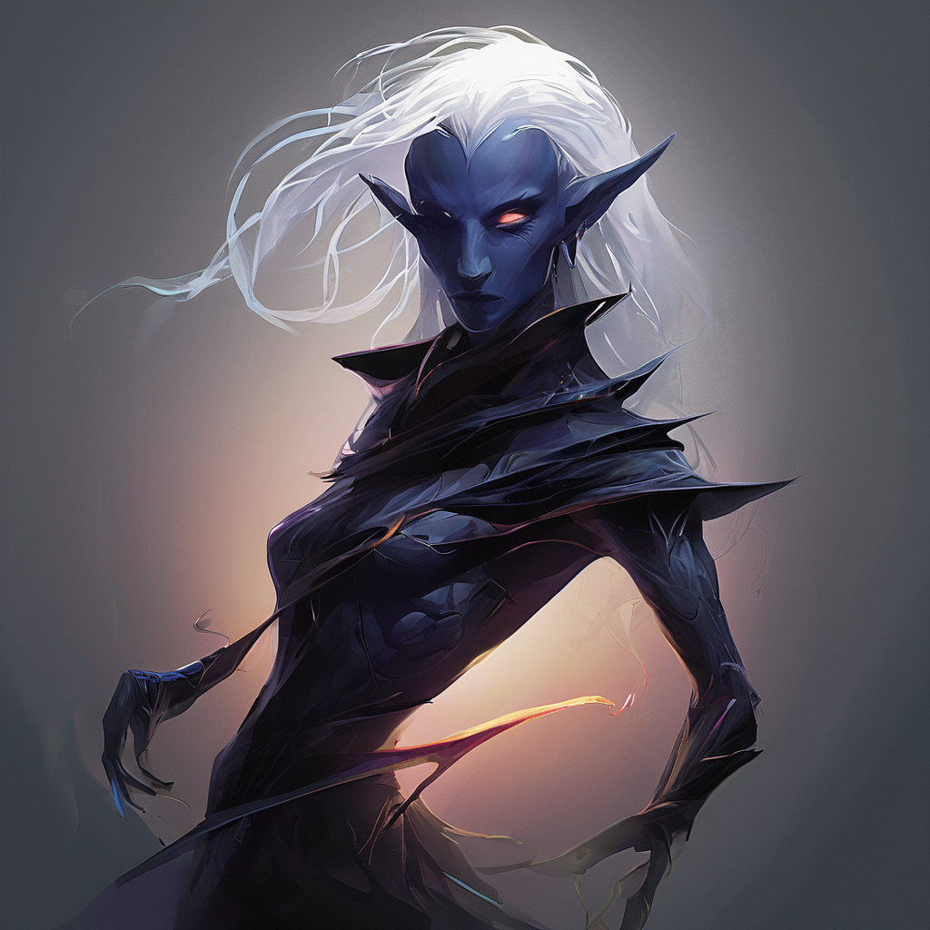 Drow are the Dark Elves of the Underworld - fearless killers who are known for both their spellcasting and fighting ability. Though more frail than humans,they are solid fighters with a great reputation of ruthlessness and precision. Those who cross a dark elf usually meet a swift demise. Drow are tallish elves with indigo skin and white hair,and usually have either red or golden eyes.,masterpiece,long exposure,layered elements,motion photography,stark contrasting color transitions,saturated colors,harmonious color story,illusionism,beautiful details,blackhole energy core,
<lora:artfullydrow__sdxl_v1:1>,