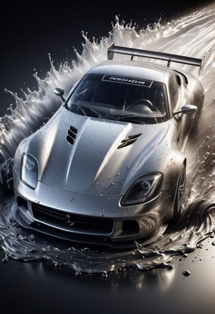 sports car, race car, racing through LIQUID METAL, liquid metal sprays up from the cars tyres