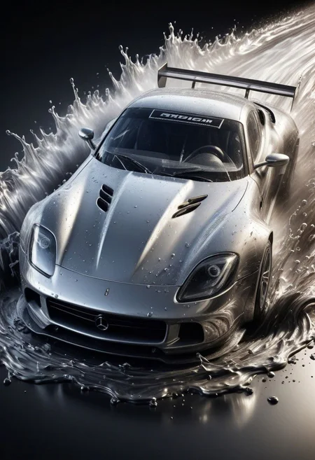 sports car, race car, racing through LIQUID METAL, liquid metal sprays up from the cars tyres