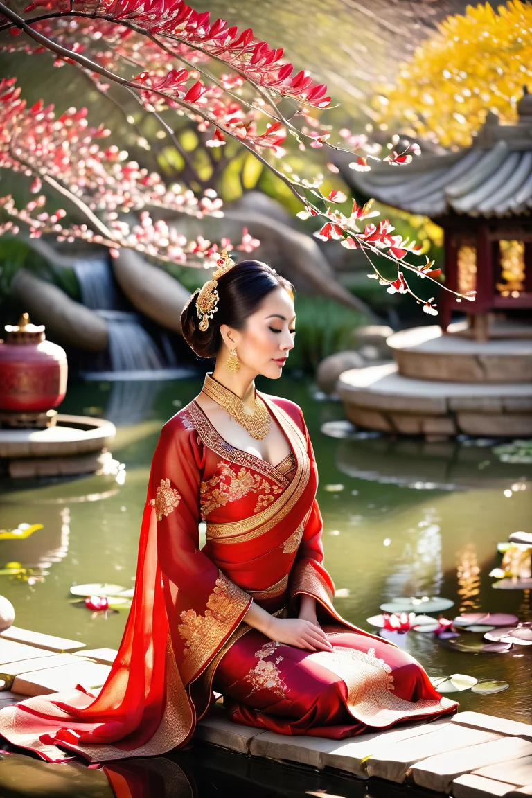 majmilfxc, a photorealistic image of a pale-skinned Chinese woman in her early 40s styled in the aesthetic of Sweet Gwendoline, portraying a damsel-in-distress without bondage, set in an overgrown royal Chinese garden with crumbling stone paths, moss-covered statues, and delicate cherry blossoms falling around her, she lies beside an ancient koi pond with cracked porcelain tiles, her expression is innocent and wide-eyed, lips parted in surprise, her long black hair tousled and clinging to her skin, she wears tattered traditional hanfu robes—delicate silk shredded and hanging from her curves, revealing a voluptuous body with large breasts, wide hips, a narrow waist, and a subtly soft stomach (soft stomach:0.3), her skin glistens with dust and sweat in the humid garden air, golden-hour sunlight filters through bamboo and wisteria, casting dramatic highlights and deep shadows across her form, distant storm clouds gather beyond the palace walls, cinematic composition with 85mm lens depth of field, ultra-detailed skin texture, photorealistic rendering, National Geographic meets vintage Chinese pulp cover art