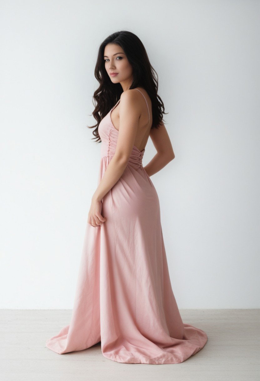 girl photo model, beautiful body, visible ribs, 22 years old, black hair, turns around, studio photo, slim, big boobs, random photo model pose, ((Ceceline2)), sexy mini pink dress